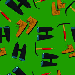 seamless pattern of binoculars, boots and pickaxe, ice ax