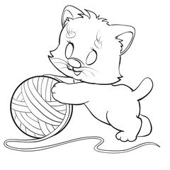 cute kitten plays with a big ball of thread, drawing for coloring, outline drawing, isolated object on white background,