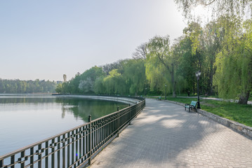 Valea Morilor park with Valea Morilor lake in Chisinau, Moldova on a sunny spring day. It is one of the most popular parks in Chisinau, Moldova