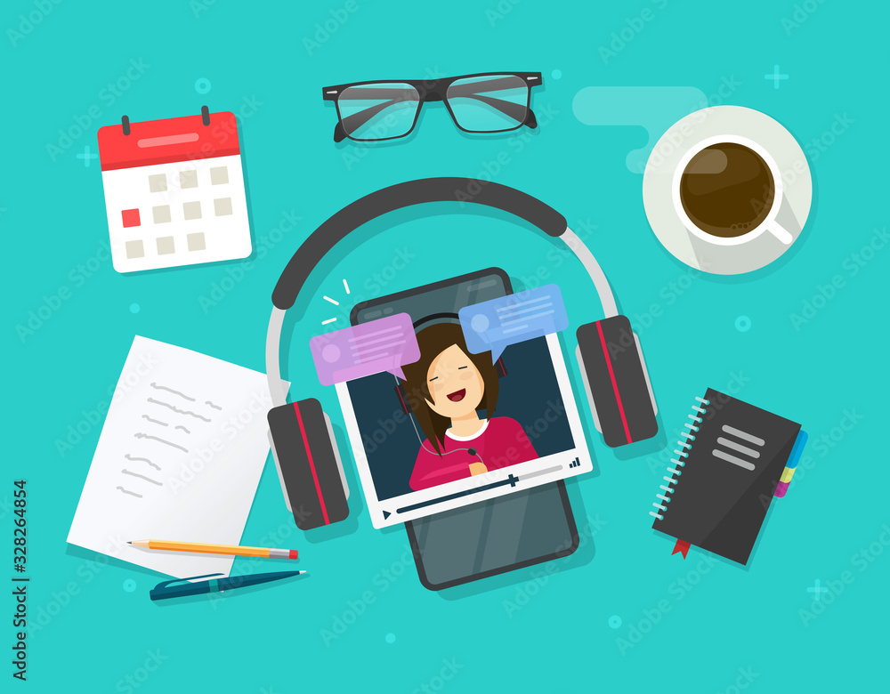 Poster video content creating online on work desk table or watching video tutorial on mobile phone or smart