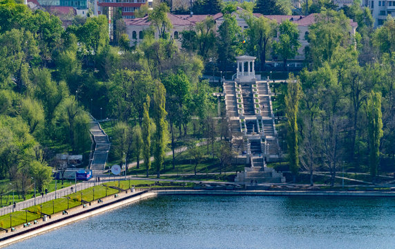 Valea Morilor park with Valea Morilor lake and Scara Cascadelor viewed from above in Chisinau, Moldova on a sunny spring day. It is one of the most popular parks in Chisinau, Moldova