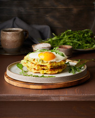 Chaffles, ketogenic diet health food. Homemade keto waffles with fried egg, mozzarella cheese