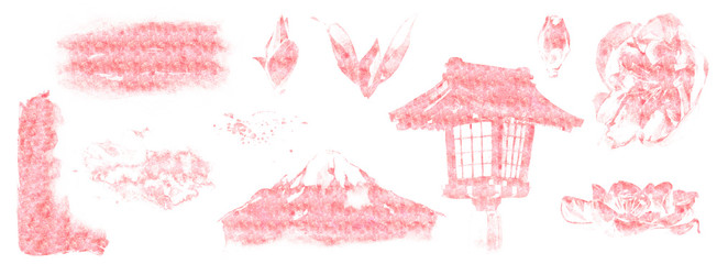 Pink gold dust effect set on white background. Cherry blossoms, leaves, japanese lantern, mount Fuji, backgrounds ans splashes
