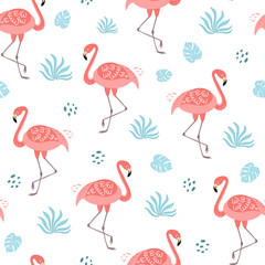 Roze flamingo naadloze patroon tropische blauwe bladeren achtergrond Tropische schattig print zomer hawaii exotisch ontwerp Vector