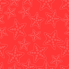 Seamless pattern of Red line starfish. Bright illustration in doodle style. Marine and summer theme. Good for cover and cute print for kids clothes.
