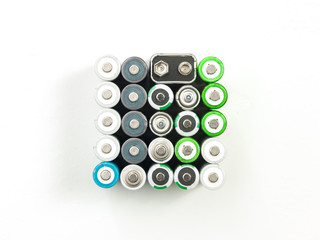 Top view on a various types of batteries