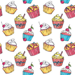 pattern with cakes, beautiful cakes with cream and berries