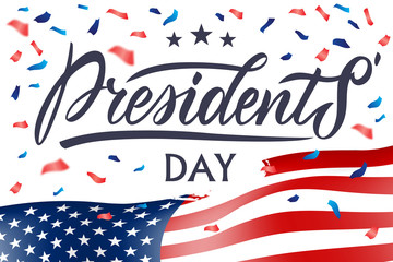 Obraz premium Presidents Day in USA typography vector design for greeting cards and poster. Calligraphic handmade lettering. Design template celebration. Vector illustration.