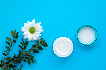 Fototapeta na wymiar Glass jar of cream, ointment with natural daisy. Herbal cosmetics, skin care concept. Bottle with lotion and white chamomile flower, green branch on a blue background.