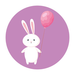 cute rabbit with balloon helium in frame circular vector illustration design