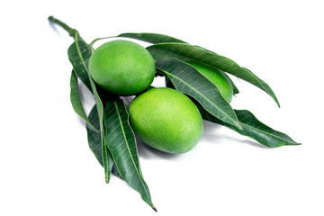 group of raw green mangoes with mango leaves