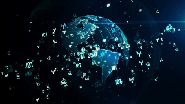 5G mobile communications, iot and digital wireless network symbols on rotating digital globe loopable seamless 3d animation. Abstract concept background of future technology, business globalization.