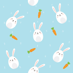 Cute Rabbit character with Carrot Seamless pattern on sky blue background. Vector illustration for Easter Day invitation, banner, poster, card, background.