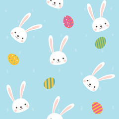 Cute Rabbit character with Carrot Seamless pattern on sky blue background. Vector illustration for Easter Day invitation, banner, poster, card, background.