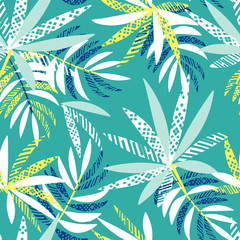 Fototapeta na wymiar Vector seamless tropical pattern with palm leaves on green background. Colourful floral illustration for textile, print, wallpapers, wrapping.
