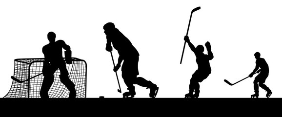 Ice hockey players in silhouette playing a match game scene