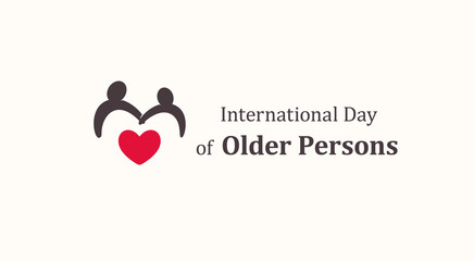 International Day of Older Persons emblem template, two older persons silhouette with red heart, senescence people symbol, raising awareness about issues affecting elderly logo, vector icon