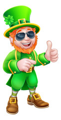 A Leprechaun St Patricks Day cartoon character mascot wearing cool sunglasses, giving a thumbs up and pointing