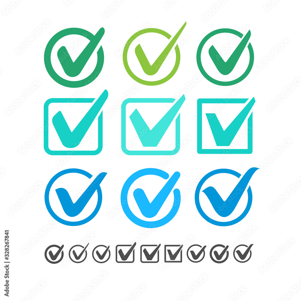 Poster set of check mark vector icon. colored checkmark right symbol tick sign. ok button correct circle ic