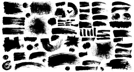 Set of black ink style splash, blobs and stains brushes and textures made with watercolor. Grunge dirty shapes and silhouettes for your design. Vector illustration. Isolated on white background.
