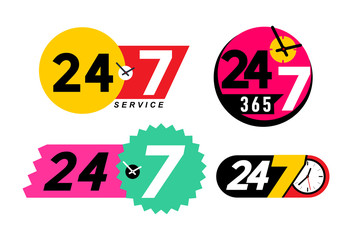 Set of 24-7 service concept. 24-7 open concept. Flat design. Vector illustration. Isolated on white background.