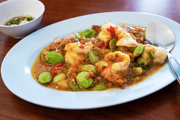 Stir fried shrimp with shrimp and Bitter bean. Southern Thai food.
