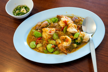 Stir fried shrimp with shrimp and Bitter bean. Southern Thai food.