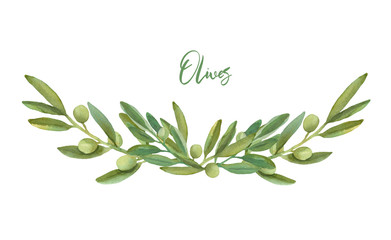 Watercolor olive floral illustration - olive bouquet frame, border for wedding stationary, greetings, wallpapers, fashion, backgrounds, textures,  wrapping, postcards, branding.