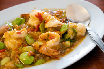 Stir fried shrimp with shrimp and Bitter bean. Southern Thai food.