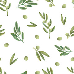 Watercolor hand drawn seamless pattern with the olive branches.