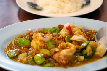Stir fried shrimp with shrimp and Bitter bean. Southern Thai food.