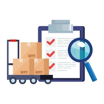Boxes over cart lupe and list document design, Delivery logistics transportation shipping service warehouse industry and global theme Vector illustration