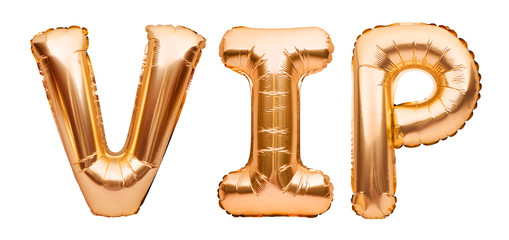 Lettering VIP or very important person made of golden inflatable helium balloons isolated on white. Gold foil balloon font forming word VIP. Concept of luxury and uniqueness