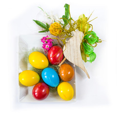 Happy easter decoration with eggs, bird and flowers on white background