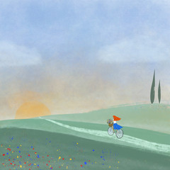 Illustration einer Frau auf einem Fahrrad die radelt, fährt durch eine schöne Landschaft mit Blumen und Blumenwiese in Richtung Sonne bei blauem Himmel.