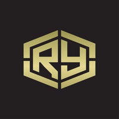 RY Logo monogram with hexagon shape and piece line rounded design tamplate on gold colors