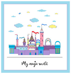Magic town with clouds and lettering my magic world isolated on the white background. Vector illustration