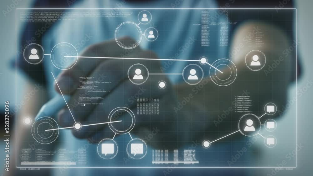Poster male hand working with a touchpen on a digital network. holographic work screen with nodes, connecti