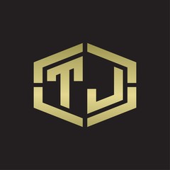 TJ Logo monogram with hexagon shape and piece line rounded design tamplate on gold colors