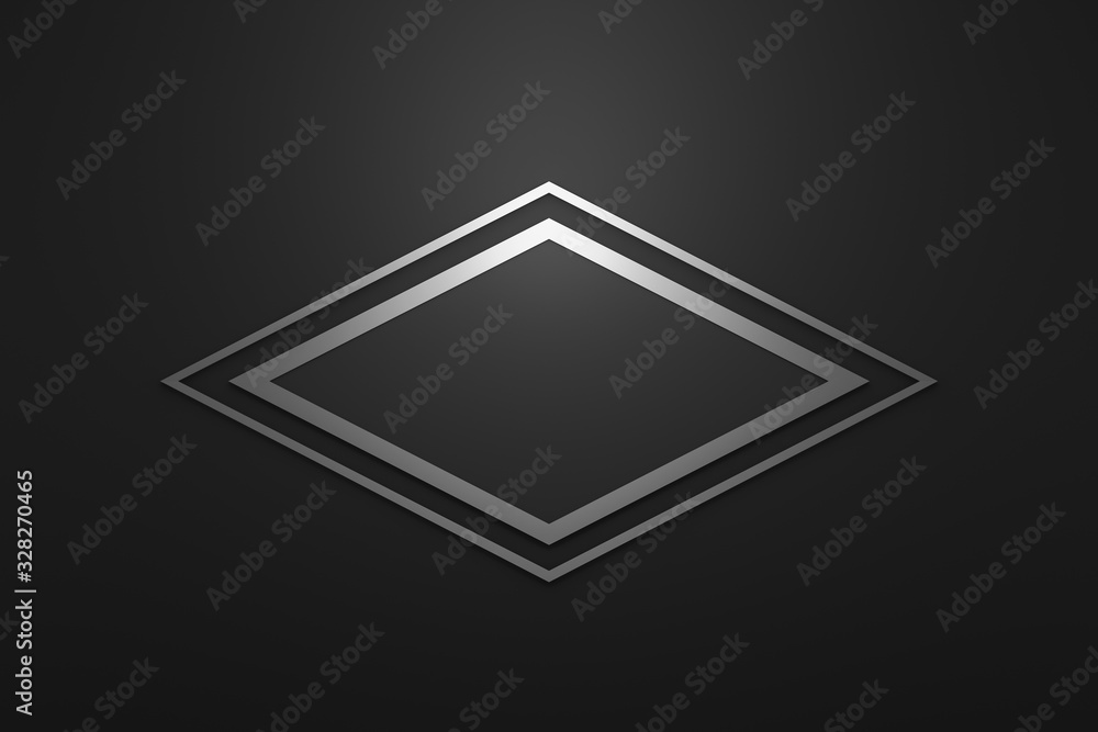 Fototapete Blank logo frame with modern style on black background. Empty silver template for design emblem and diamond shape. 3D rendering.