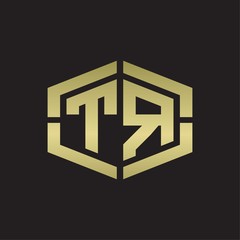 TR Logo monogram with hexagon shape and piece line rounded design tamplate on gold colors