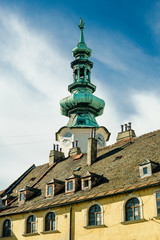 View of the Medieval Saint Michael Gate Tower In Bratislava. Old town landmark 