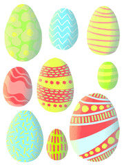 Set of different colored Easter eggs isolated on white background. Spring traditional decorated seasonal pastel colored eggs - pink, red, yellow, green, blue. Oneof a series easter llustration.
