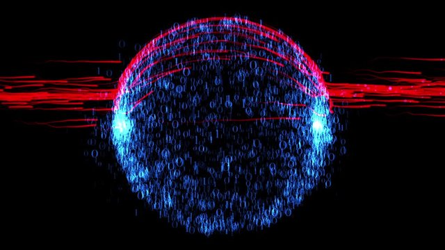 Red virus attacking binary data cloud, against black