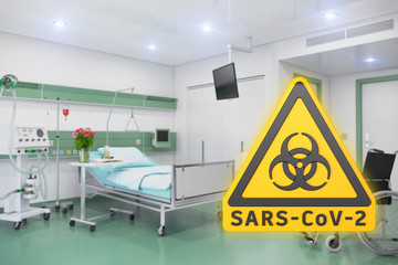 3d Illustration - gelbes Warnzeichen - SARS-CoV-2 - Krankenhauszimmer - Krankenhaus