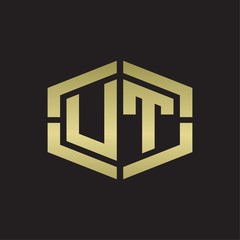 UT Logo monogram with hexagon shape and piece line rounded design tamplate on gold colors