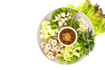 Vietnamese food - Nam Neaung isolated on white background, Grilled pork serve with vegetables. Healthy food.