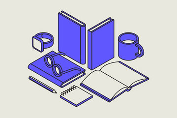 Vector cartoon illustration about books and reader in modern style. filled outline