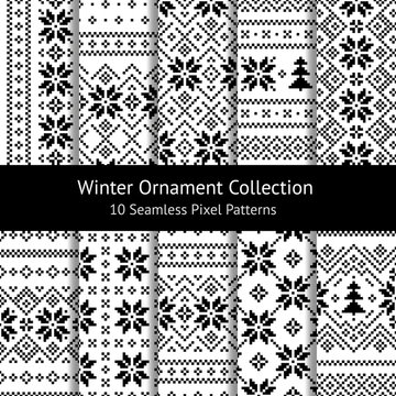 Christmas pattern set. Nordic black and white pixel patterns with snowflakes and Christmas trees for wrapping, packaging paper, or textile winter design.