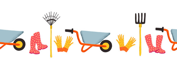 Seamless border garden tools. Spring or summer gardening repeating pattern with wheelbarrow, rake, rubber boots, gloves. For home decor, fabric trim, packaging, nursery, garden center, footer, ribbons